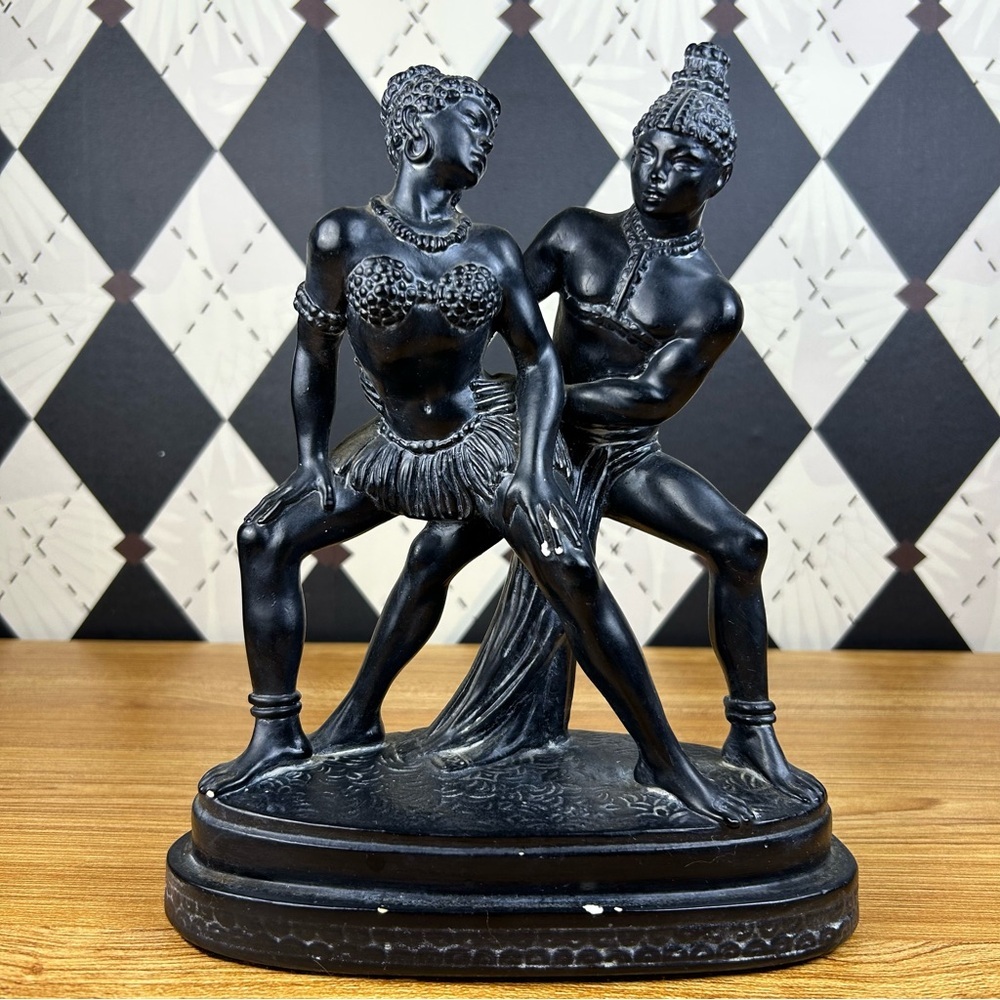 African Dancer Sculpture Pair Black Chalkware Mid-Century Figurative